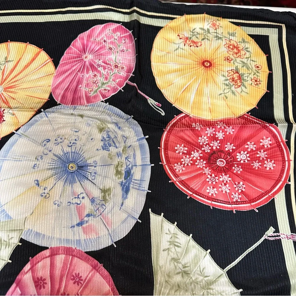 Talbots 100% Silk Scarf – Black with Multi-Colored Floral Parasols, Like New
